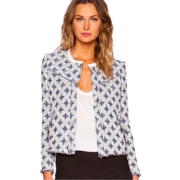 IRO Handi Diamond Knit‎ Snap Up Jacket Boucle Tweed Blue White Old Money Preppy - Picture 1 of 14